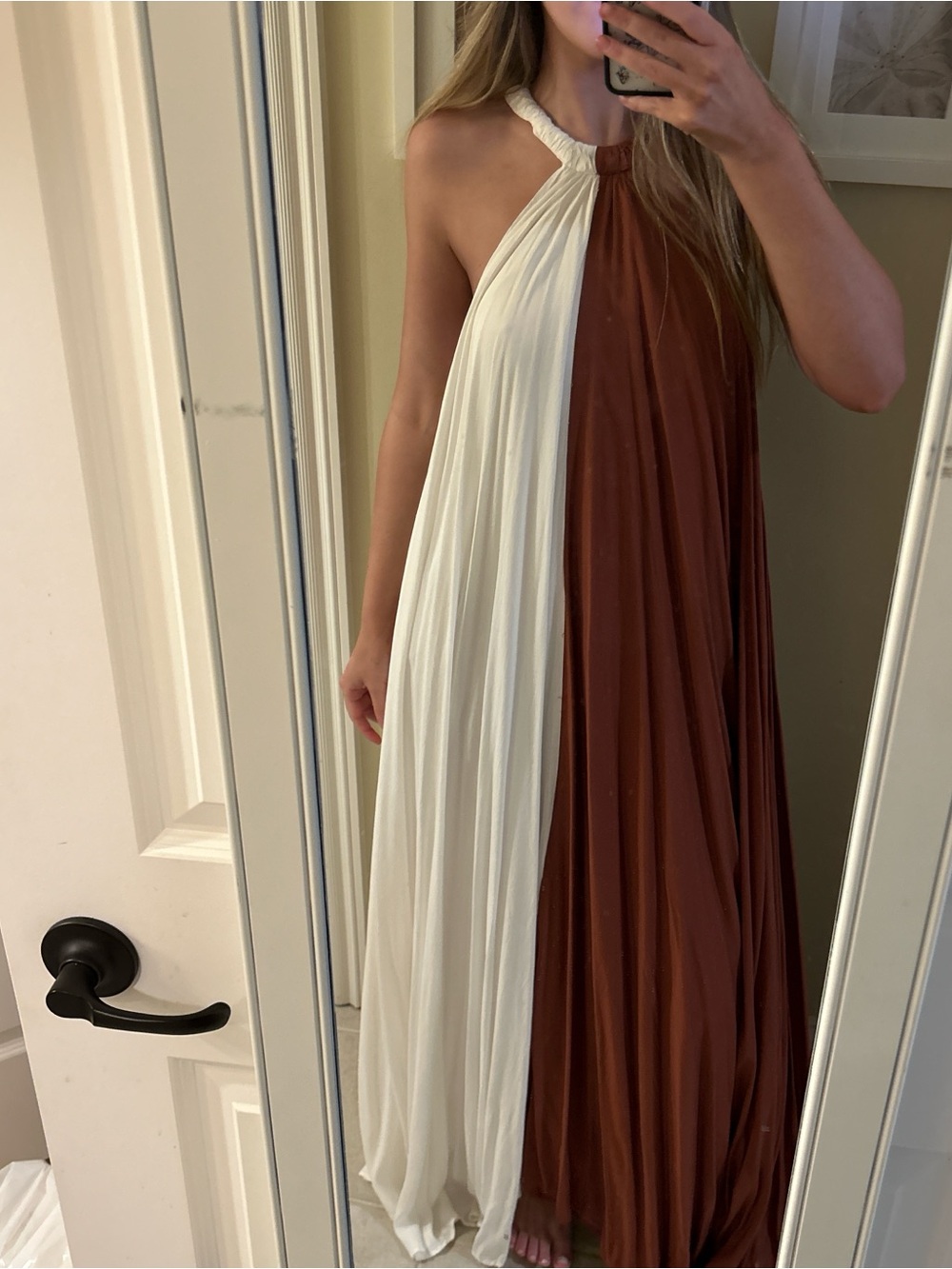 Anthropologie Two-Tone Ivory and Brown Halter Maxi Dress